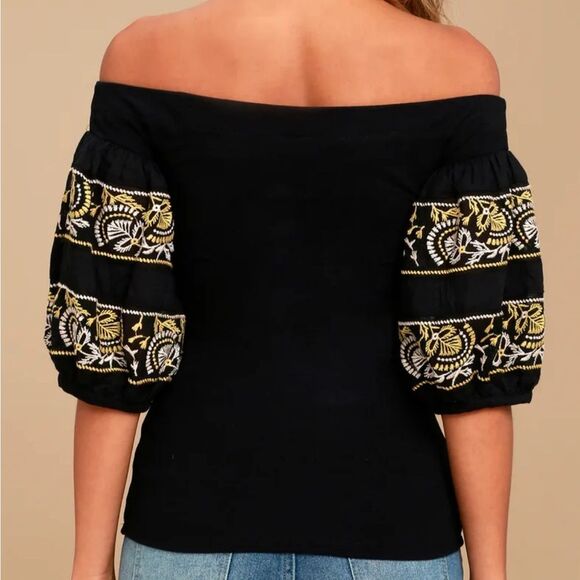 Free People Rock With It Black Embroidered Off-the-Shoulder Top Size XS - Picture 3 of 10